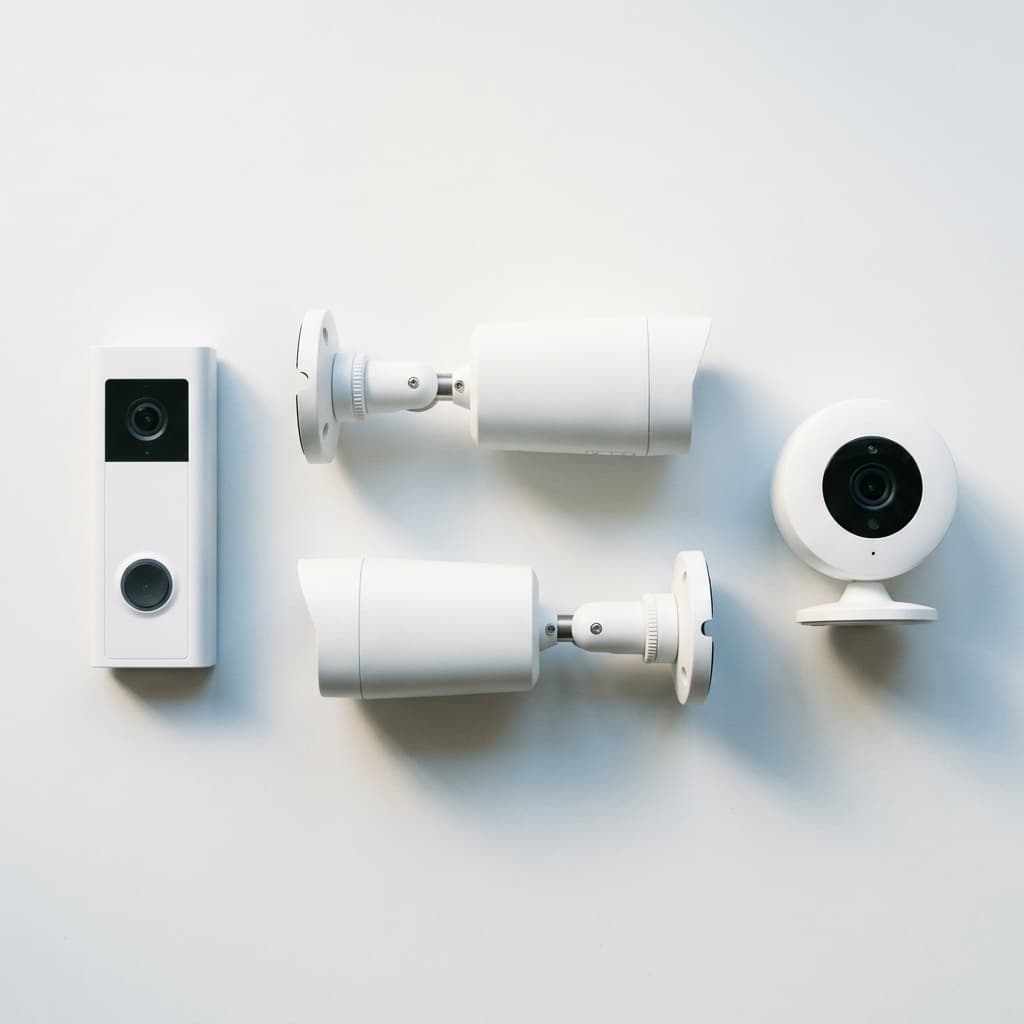 A camera set laid out: a video doorbell, two outdoor cameras on mounts and one indoor camera.