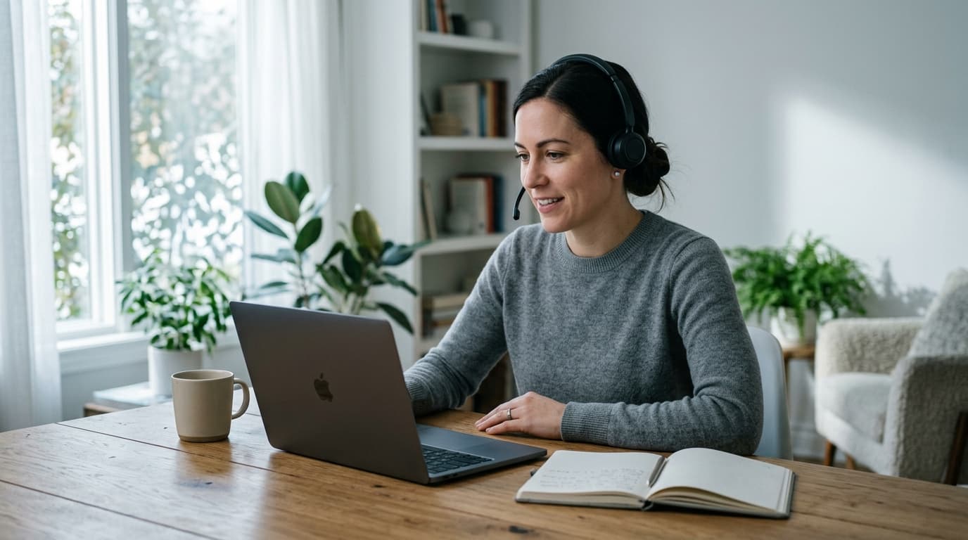 A person working from home at a desk, on a video call with a headset on.